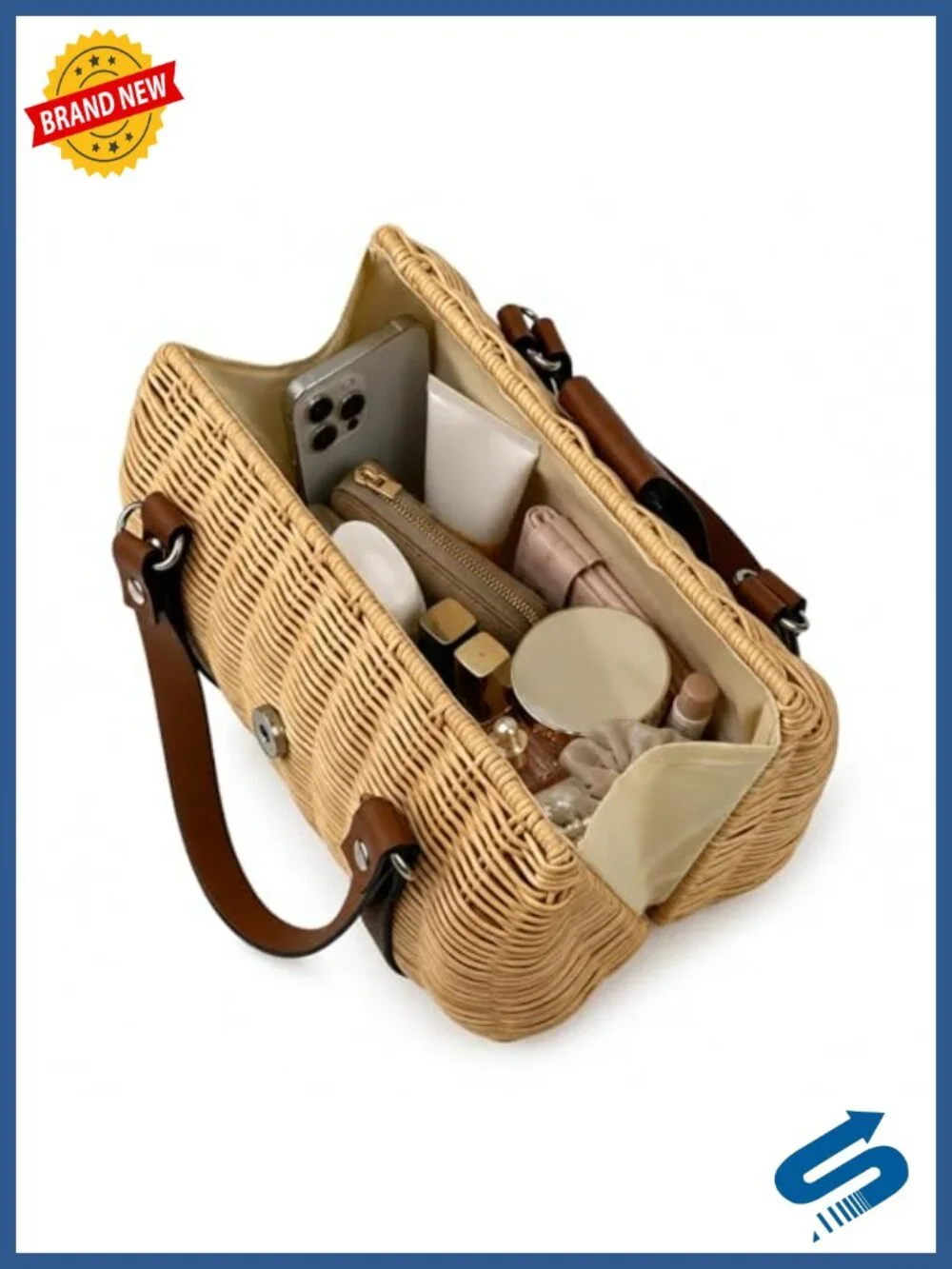 Structured Rattan Straw Tote Bag with Reinforced Handles, Woven Satchel Handbag